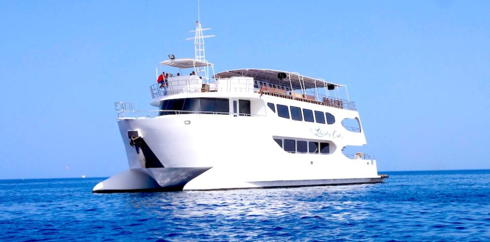 A family on a glass-bottomed catamaran smiling at colorful fish and coral reefs.