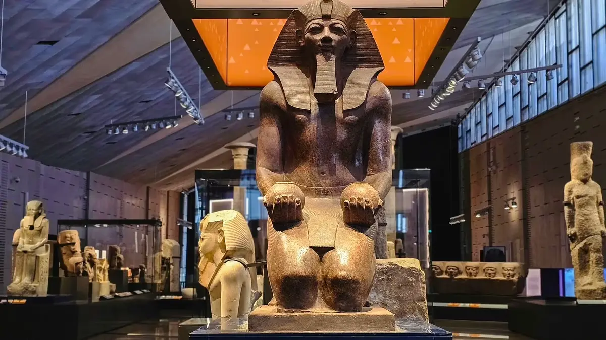 Grand Egyptian Museum GEM exterior with panoramic view of Giza Plateau