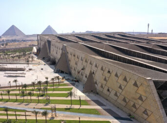 Grand Egyptian Museum 2025 exterior view near the Giza Pyramids