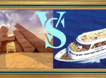 Comparison of Ras Mohamed VIP Cruise yacht and a land tour bus at the Allah Gate in Sharm El Sheikh