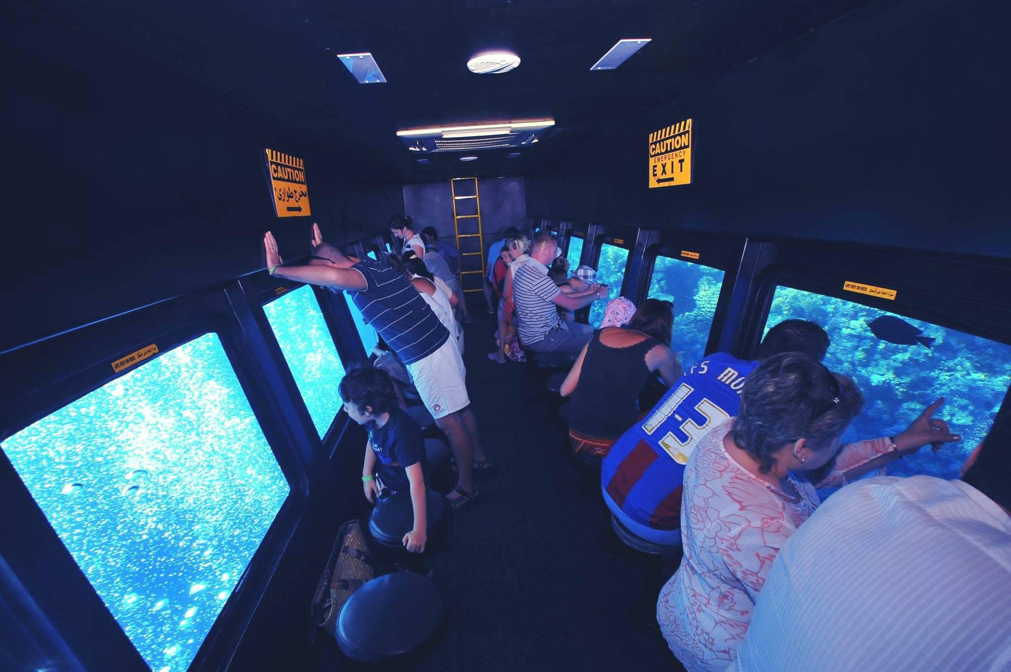 Passengers viewing Red Sea marine life inside a Seascope Submarine