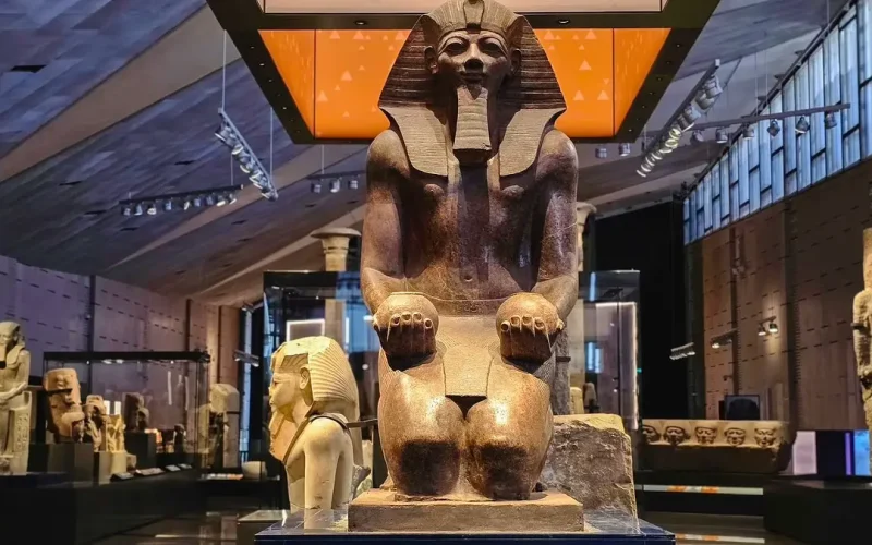 Grand Egyptian Museum GEM exterior with panoramic view of Giza Plateau